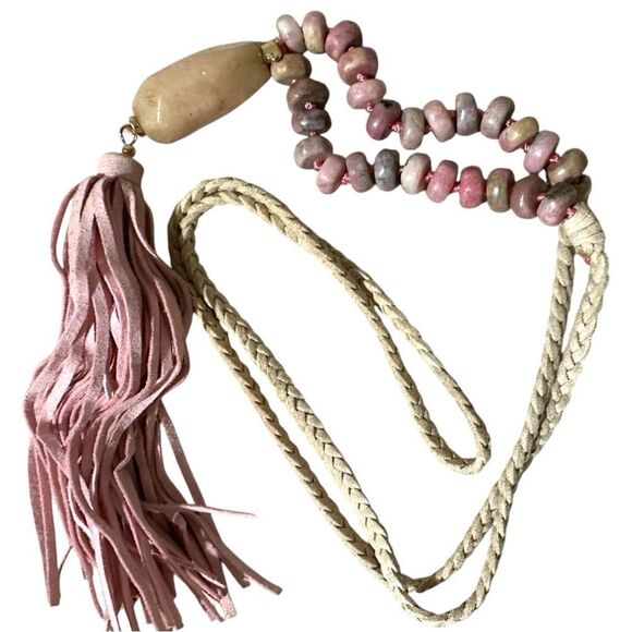 Boho Chic Natural Stone & Leather Tassel Necklace - Picture 1 of 17